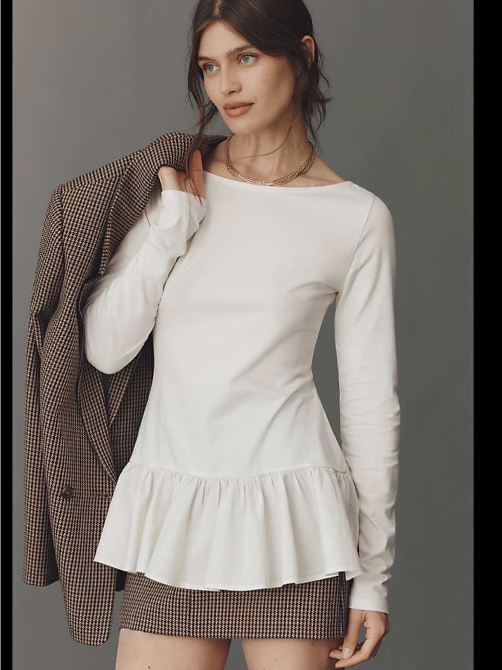 Maeve Cream Ruffle-Hem Long Sleeve PeplumTop. NWT
